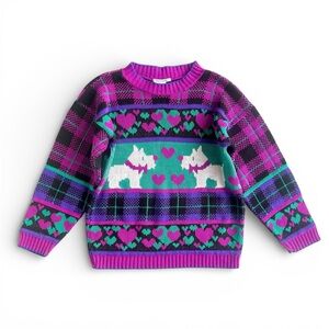 Vintage 80s Purple Green Scottie Dog Knit Sweater Hearts Plaid Girls 10-12